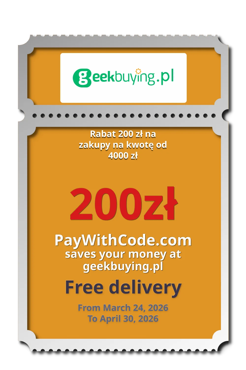 Rabat 200 zł na zakupy na kwotę od 4000 zł at Geekbuying
