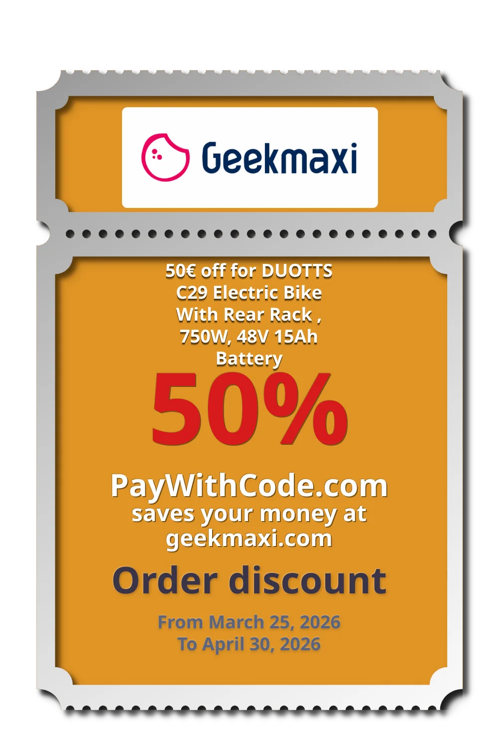 50€ off for DUOTTS C29 Electric Bike With Rear Rack , 750W, 48V 15Ah Battery at Geekmaxi