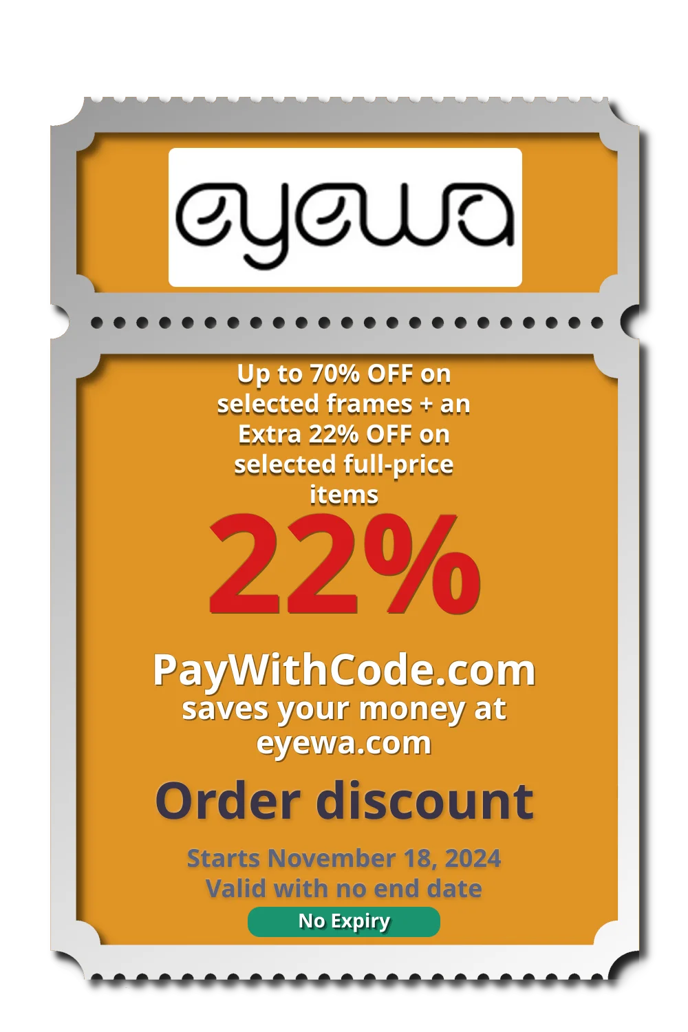 Up to 70% OFF on selected frames + an Extra 22% OFF on selected full-price items at Eyewa KW QT OM offline codes