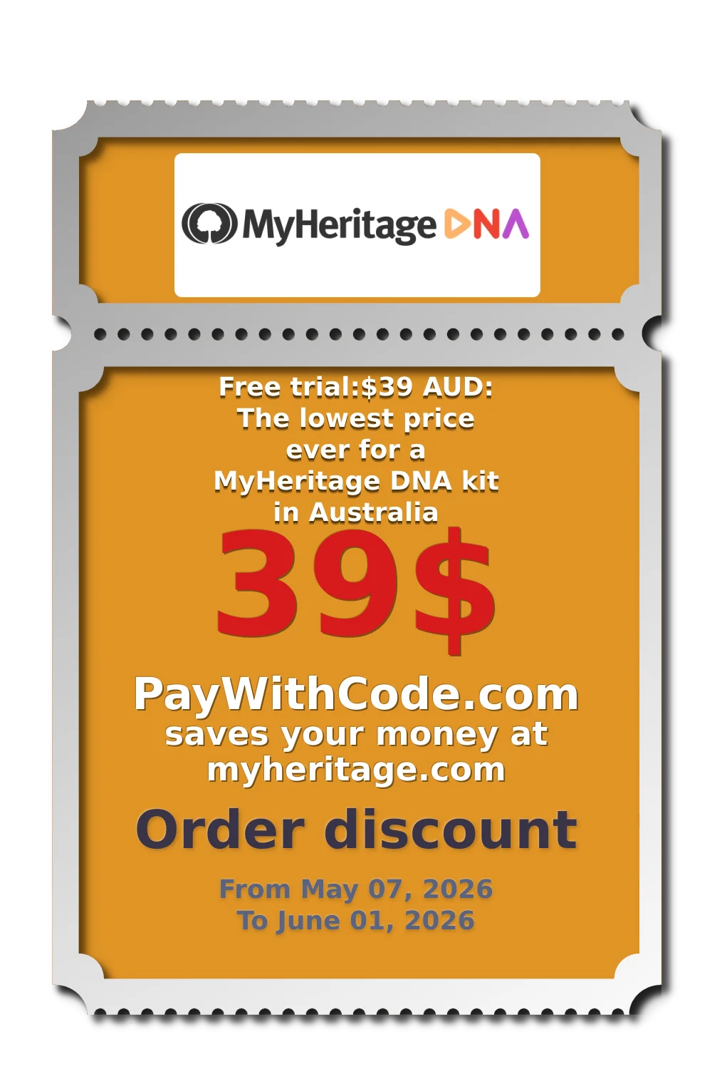 Free trial:$39 AUD: The lowest price ever for a MyHeritage DNA kit in Australia (Limited-Time Offer) at MyHeritage DNA