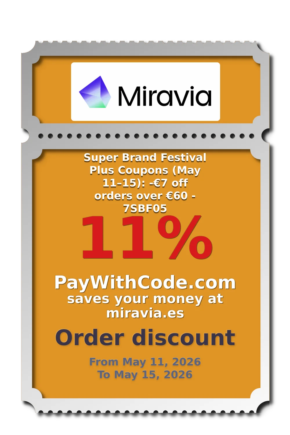 Super Brand Festival Plus Coupons (May 11–15):
-€7 off orders over €60 - 7SBF05 at Miravia