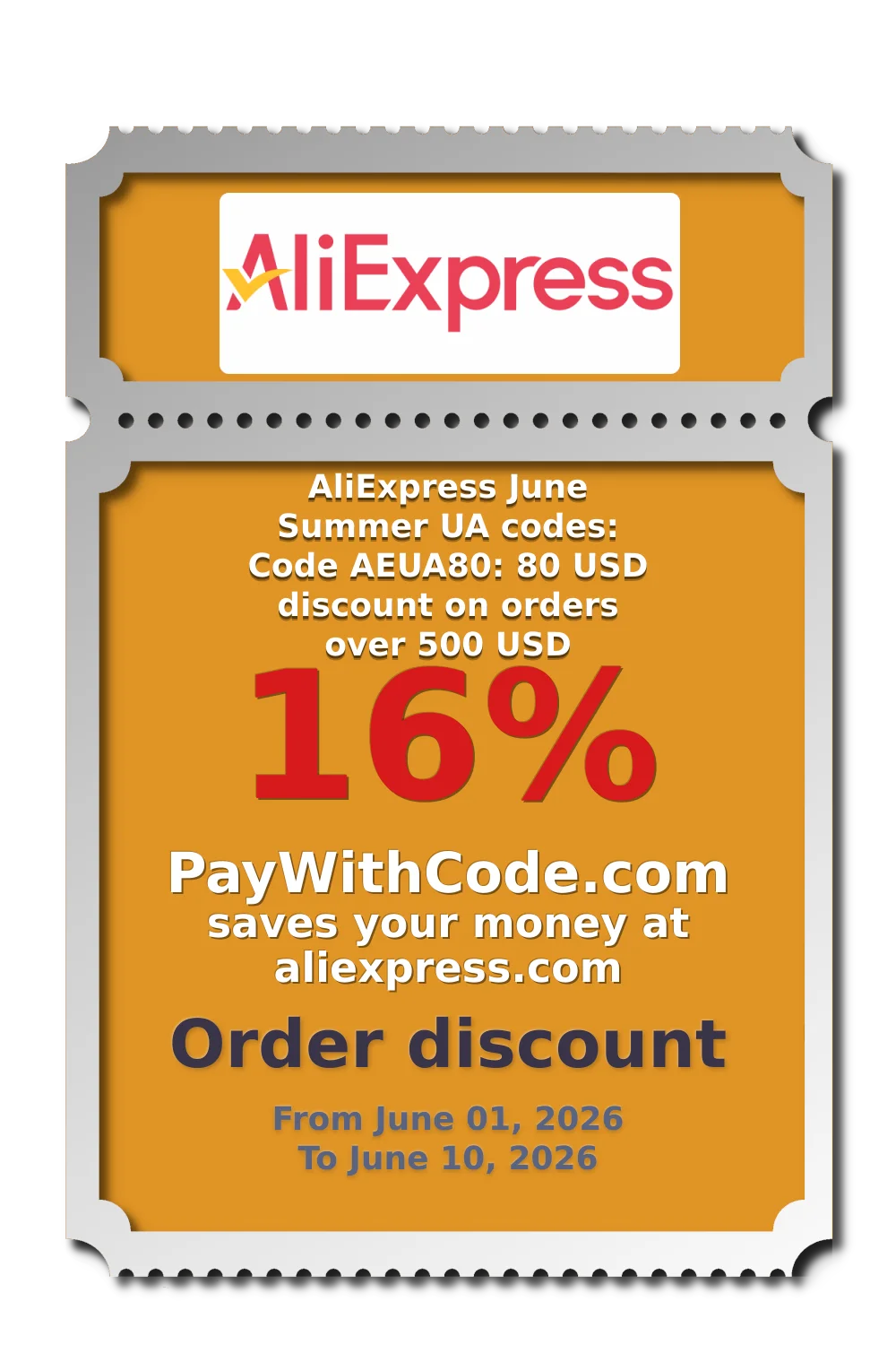 AliExpress June Summer UA codes: Code AEUA80: 80 USD discount on orders over 500 USD at AliExpress