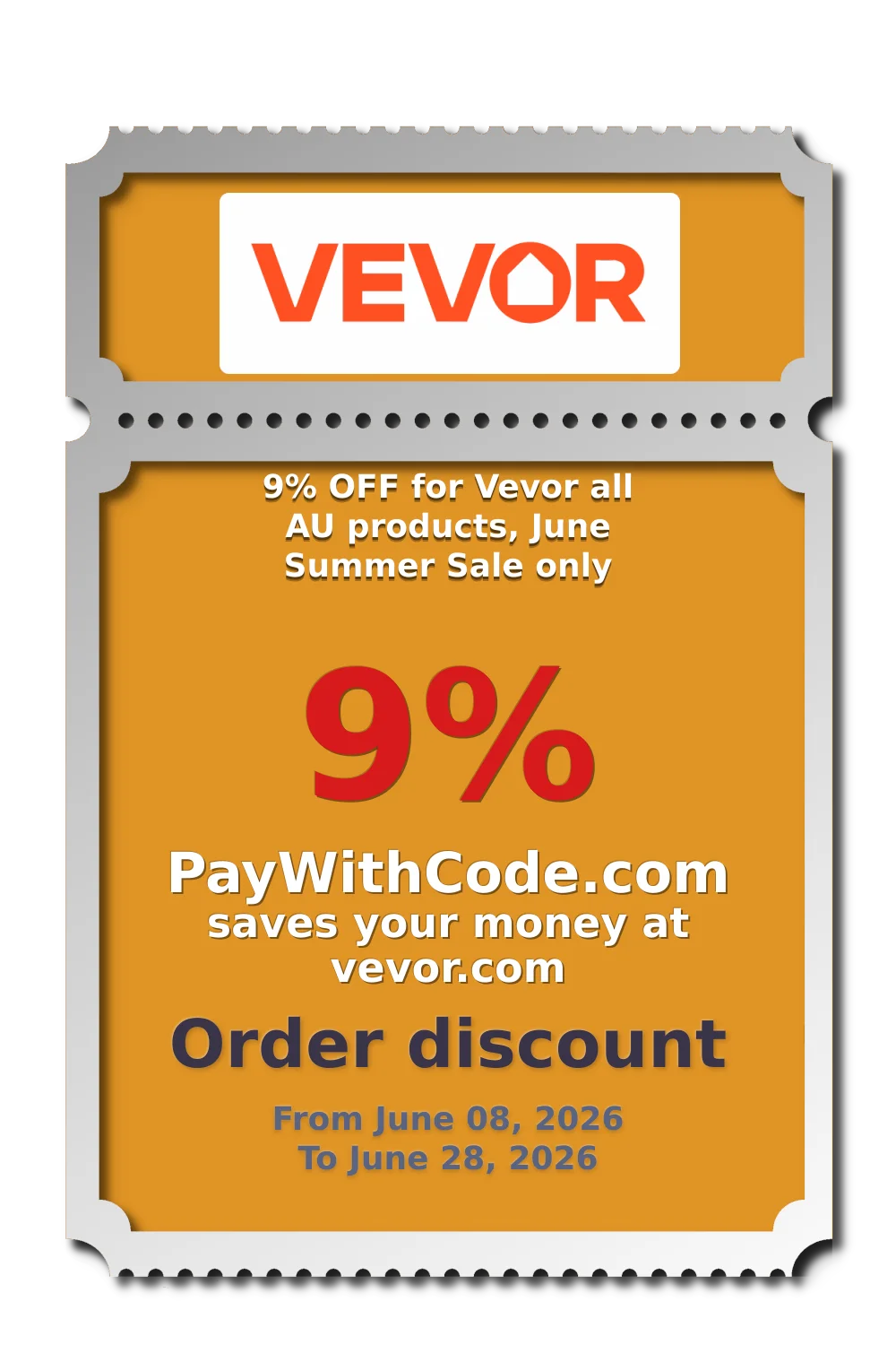 9% OFF for Vevor all AU products, June Summer Sale only at Vevor