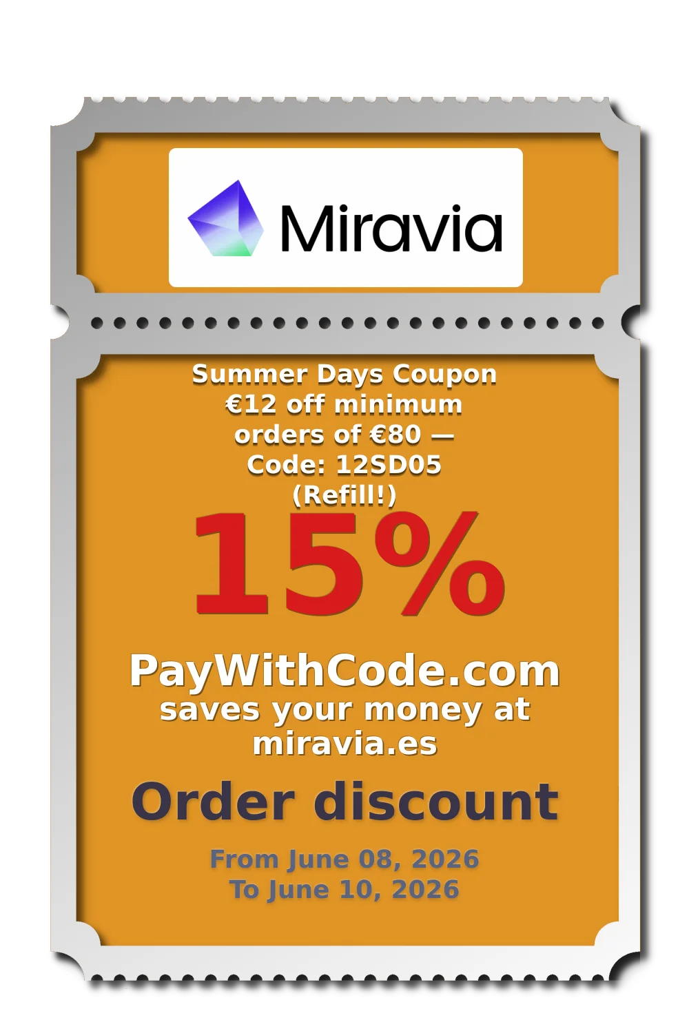 Summer Days Coupon
€12 off minimum orders of €80 — Code: 12SD05 (Refill!) at Miravia