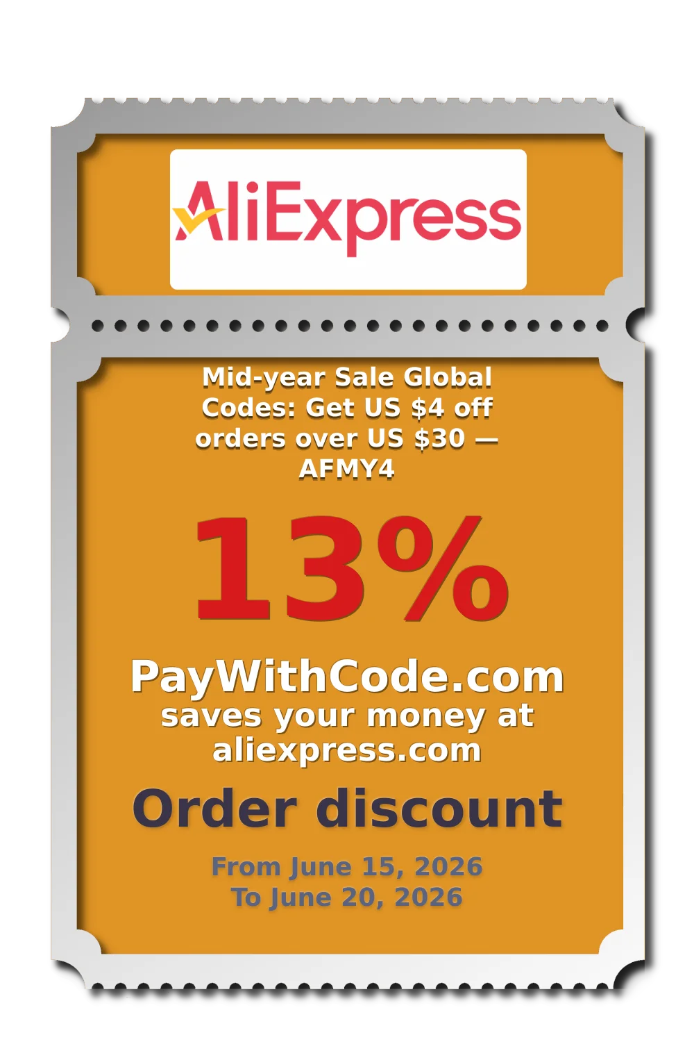 Mid-year Sale Global Codes: Get US $4 off orders over US $30 — AFMY4 at AliExpress