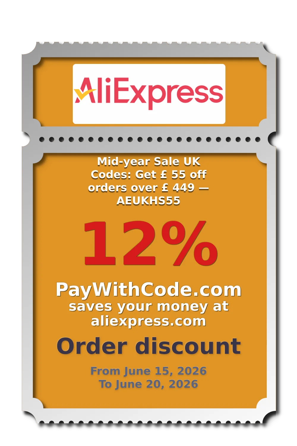 Mid-year Sale UK Codes: Get £ 55 off orders over £ 449 — AEUKHS55 at AliExpress