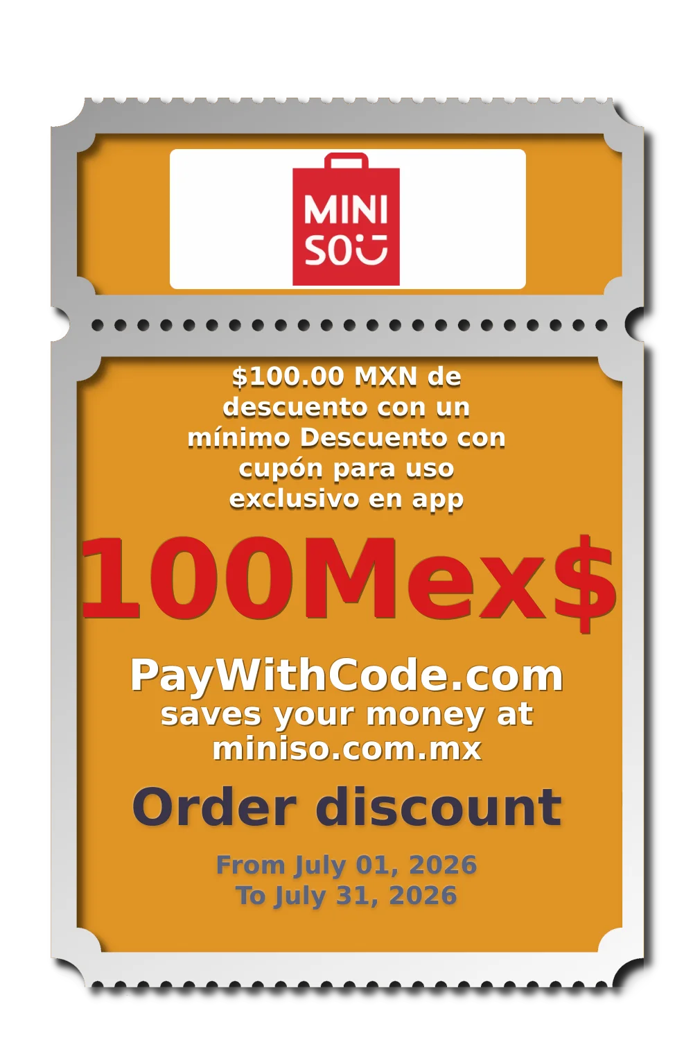 $100.00 MXN de descuento con un mínimo
Descuento con cupón para uso exclusivo en app Miniso México. at Miniso