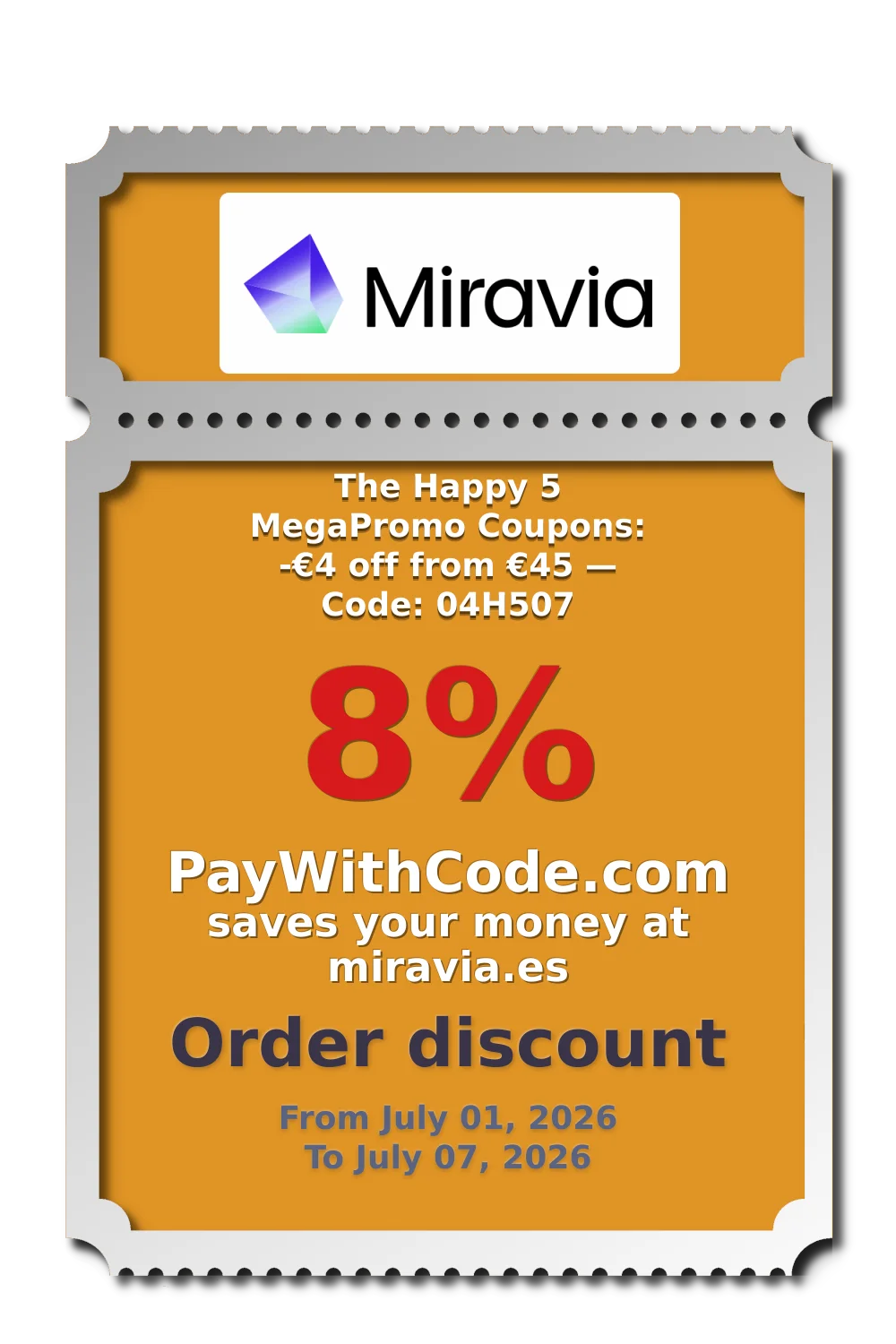 The Happy 5 MegaPromo Coupons: -€4 off from €45 — Code: 04H507 at Miravia
