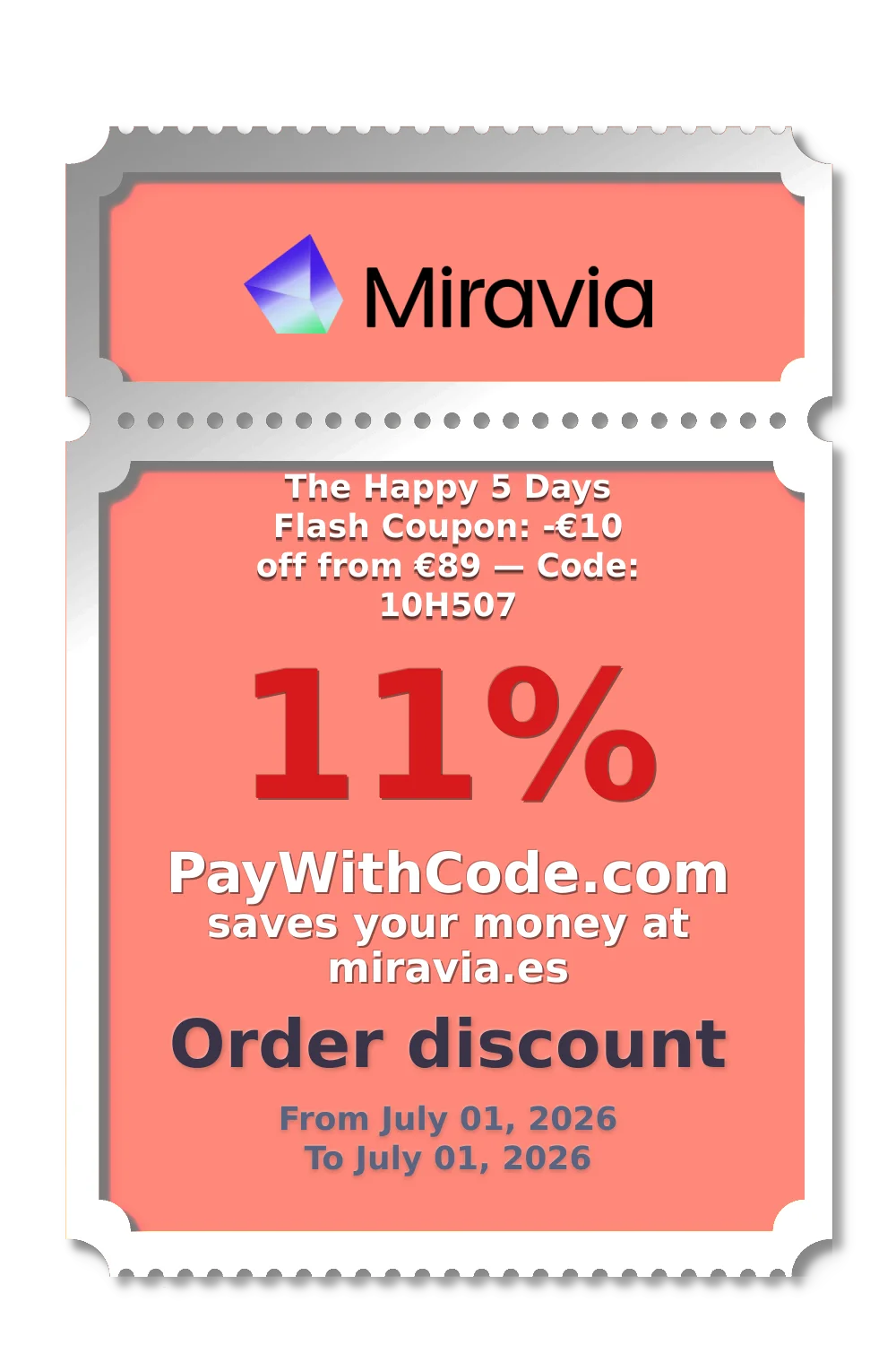 The Happy 5 Days Flash Coupon: -€10 off from €89 — Code: 10H507 at Miravia