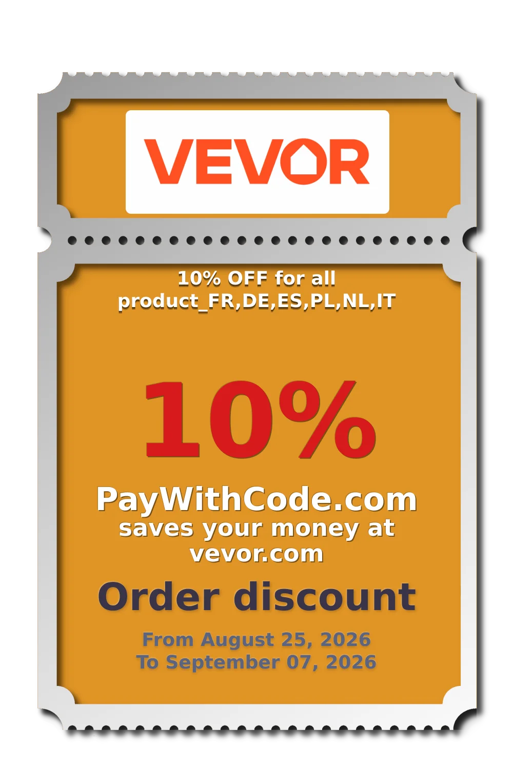10% OFF for all product_FR,DE,ES,PL,NL,IT at Vevor