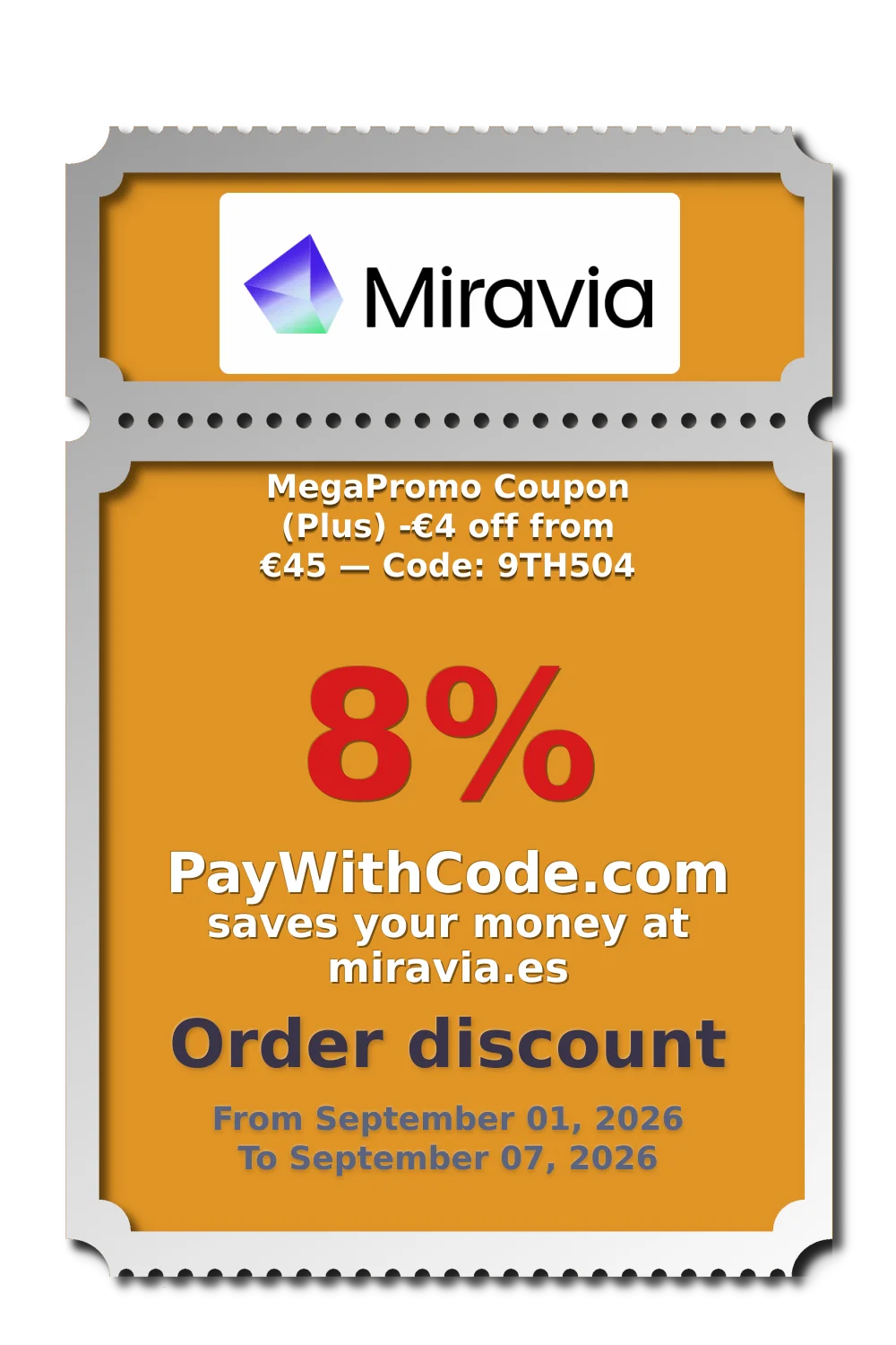 MegaPromo Coupon (Plus)
-€4 off from €45 — Code: 9TH504 at Miravia