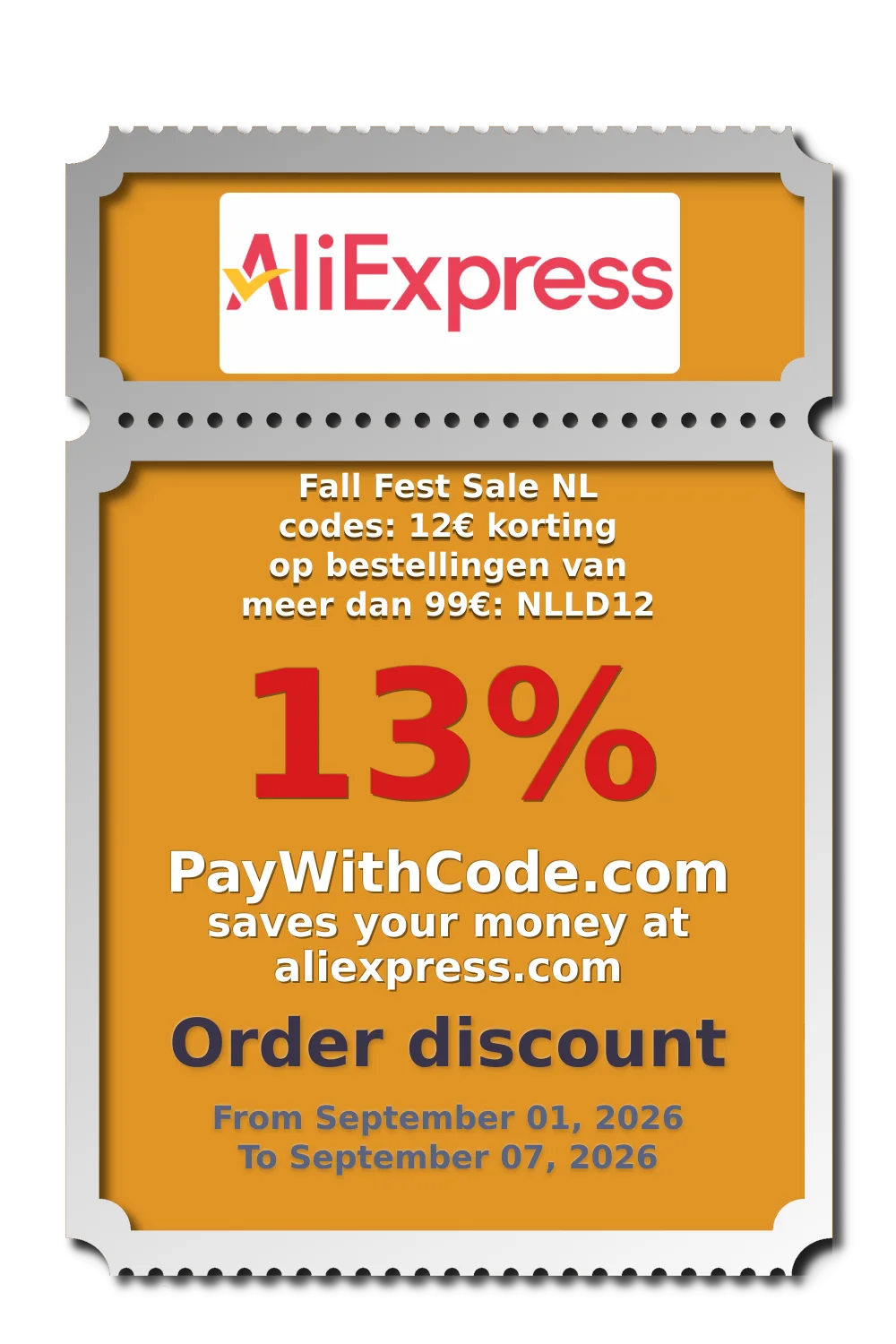 Fall Fest Sale NL codes: 12€ korting op bestellingen van meer dan 99€: NLLD12 at AliExpress