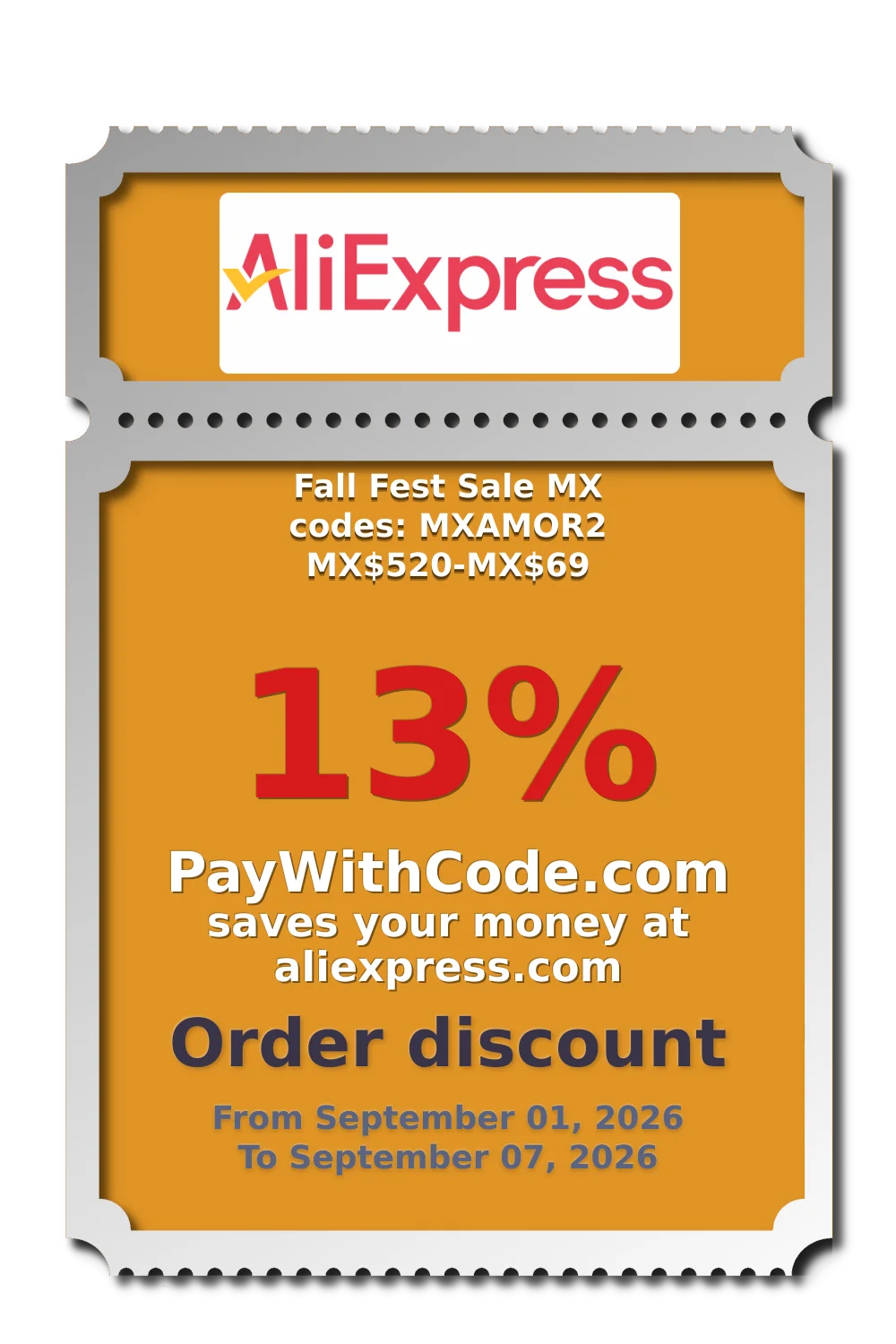 Fall Fest Sale MX codes: MXAMOR2 MX$520-MX$69 at AliExpress