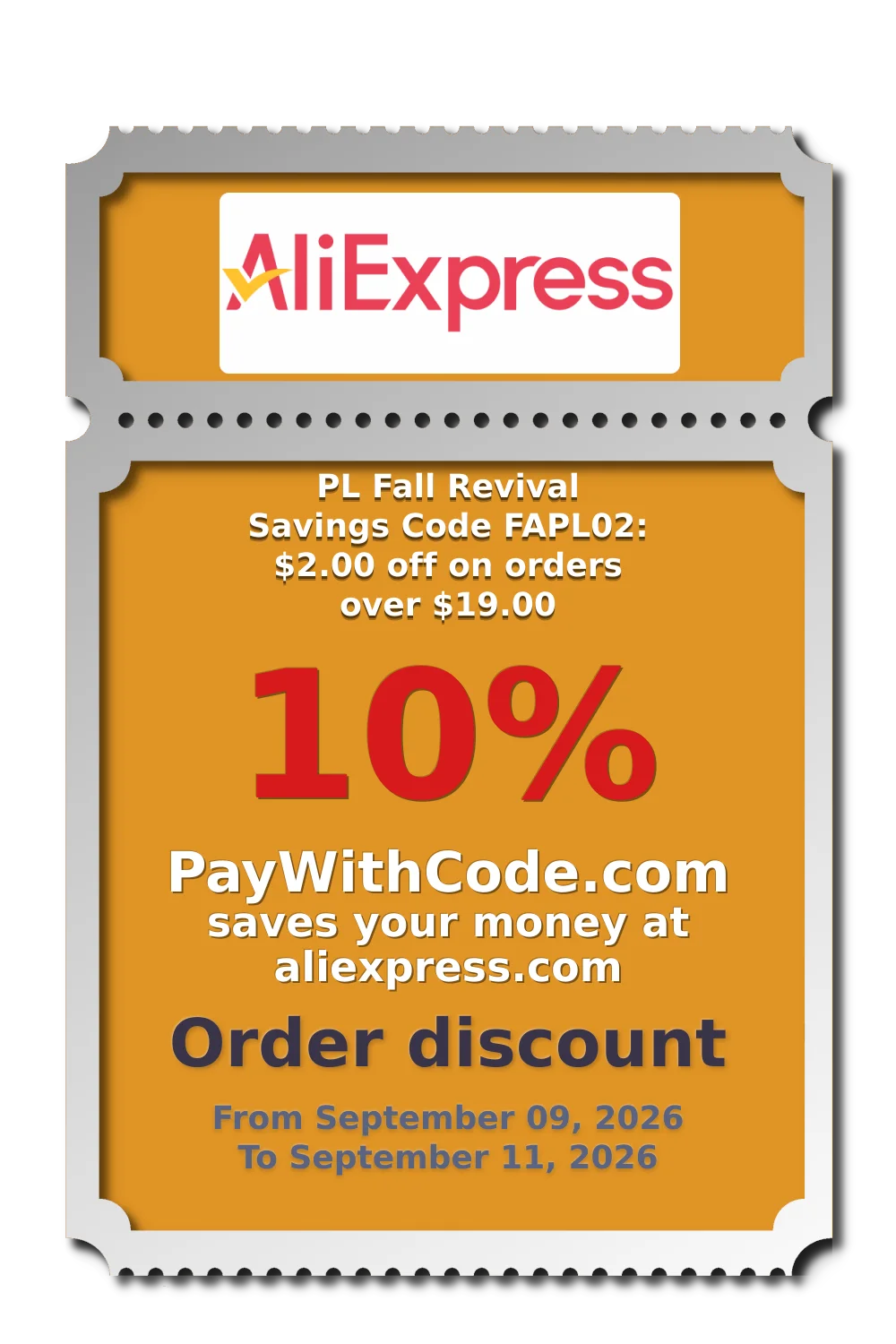 PL Fall Revival Savings Code FAPL02: $2.00 off on orders over $19.00 at AliExpress