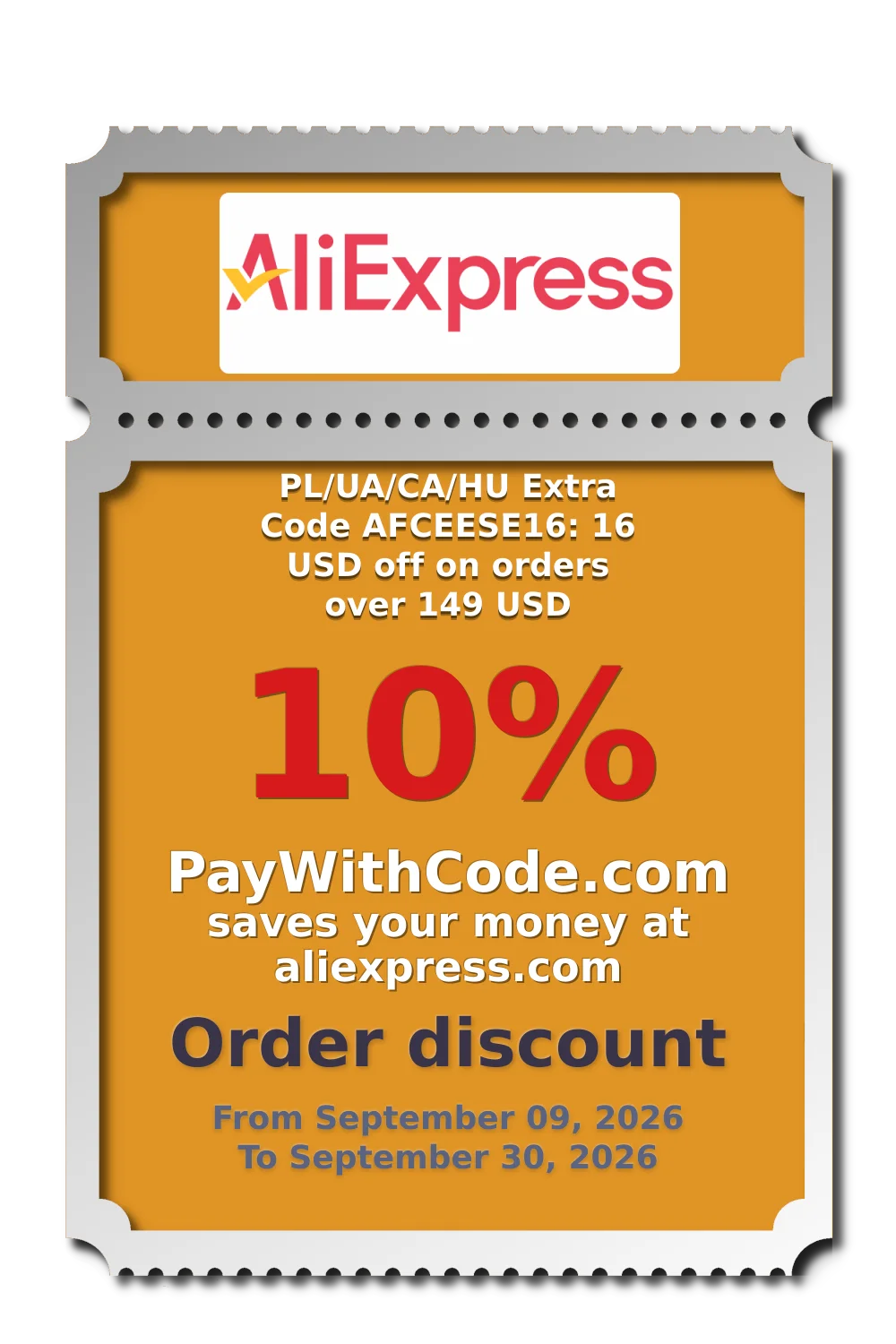 PL/UA/CA/HU Extra Code AFCEESE16: 16 USD off on orders over 149 USD at AliExpress
