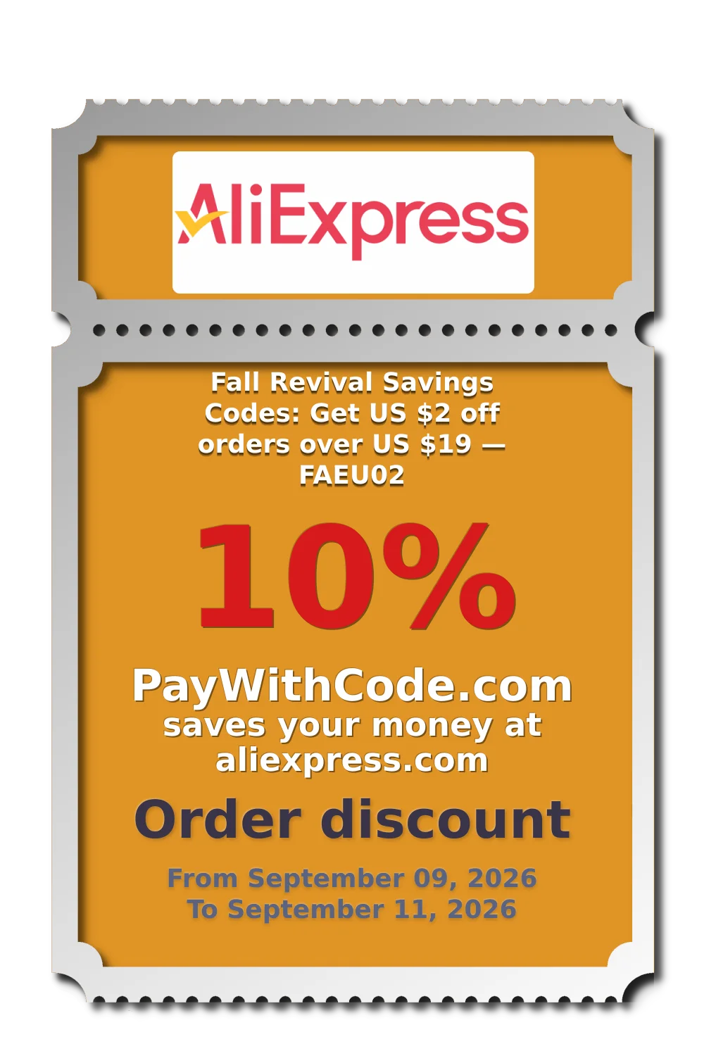 Fall Revival Savings Codes: Get US $2 off orders over US $19 — FAEU02 at AliExpress